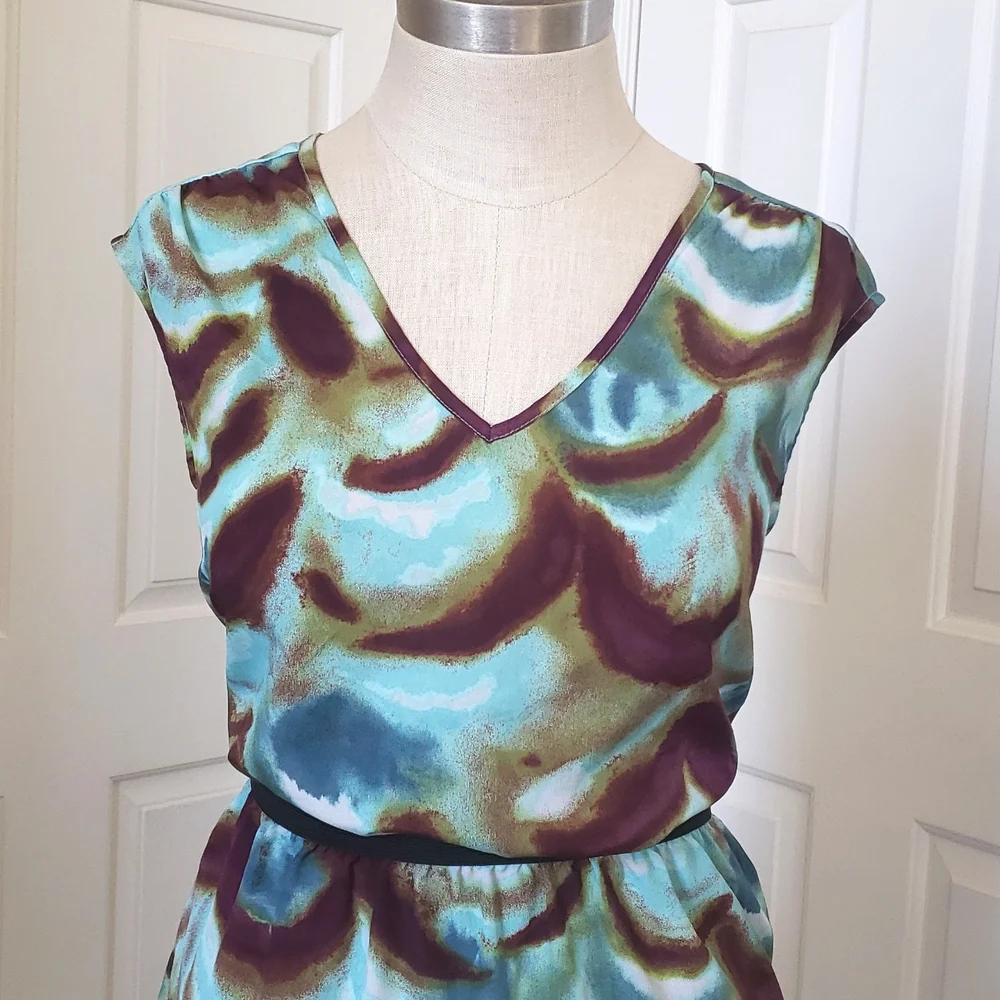 LOFT Teal Maroon Print Dress V-neck Cinched Waist Retro Flair SIZE 6P PETITE